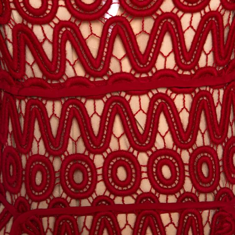 Pre Owned Chloe Lacquer Red Corded Lace Contrast Silk Lined Sheath Dress S