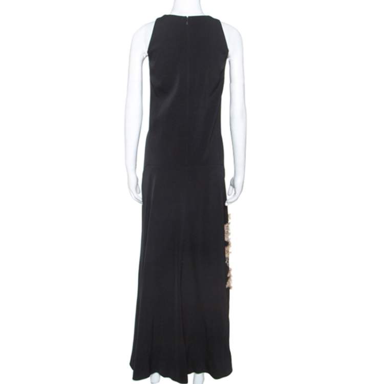 Pre Owned Chloe Black Crepe Embroidered Feather Detail Maxi Dress S 