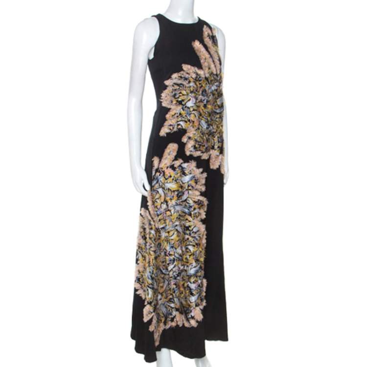 Pre Owned Chloe Black Crepe Embroidered Feather Detail Maxi Dress S 