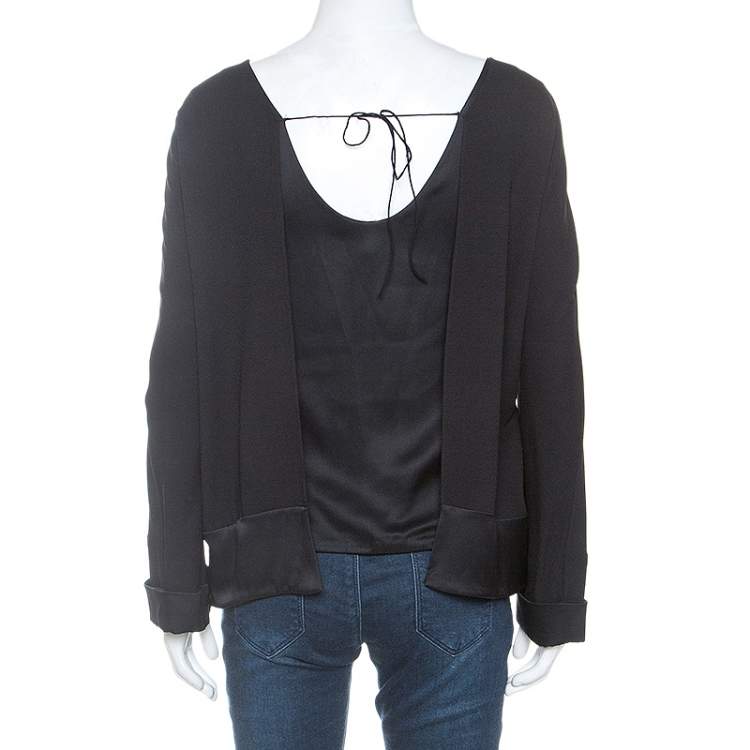 Pre Owned Chloe Black Satin And Chiffon Back Tie Detail Long Sleeve Top L