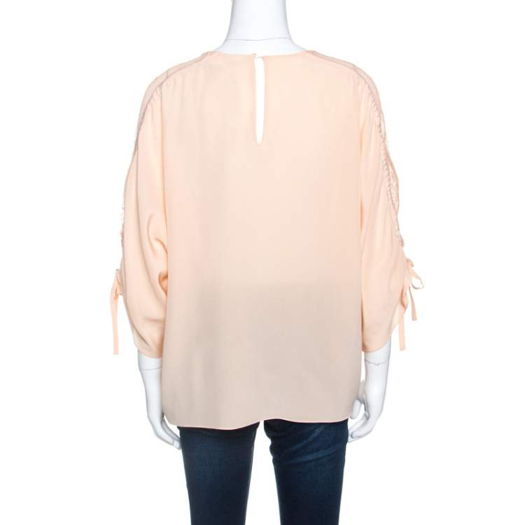 Pre Owned Chloe Peach Crepe Lace Insert Ruched Sleeve Detail Top L 