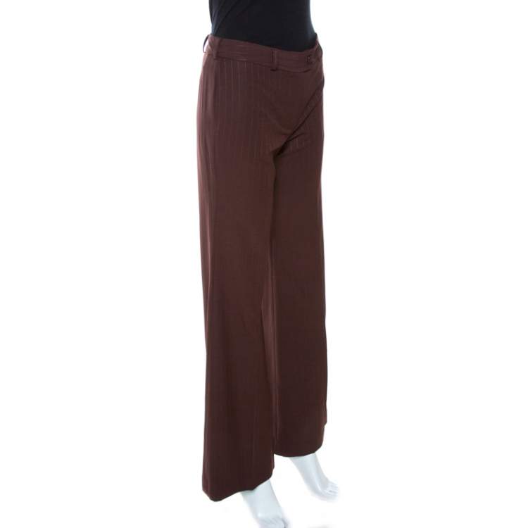 Pre Owned Chloe Brown Striped Wool Wide Leg Trousers S 