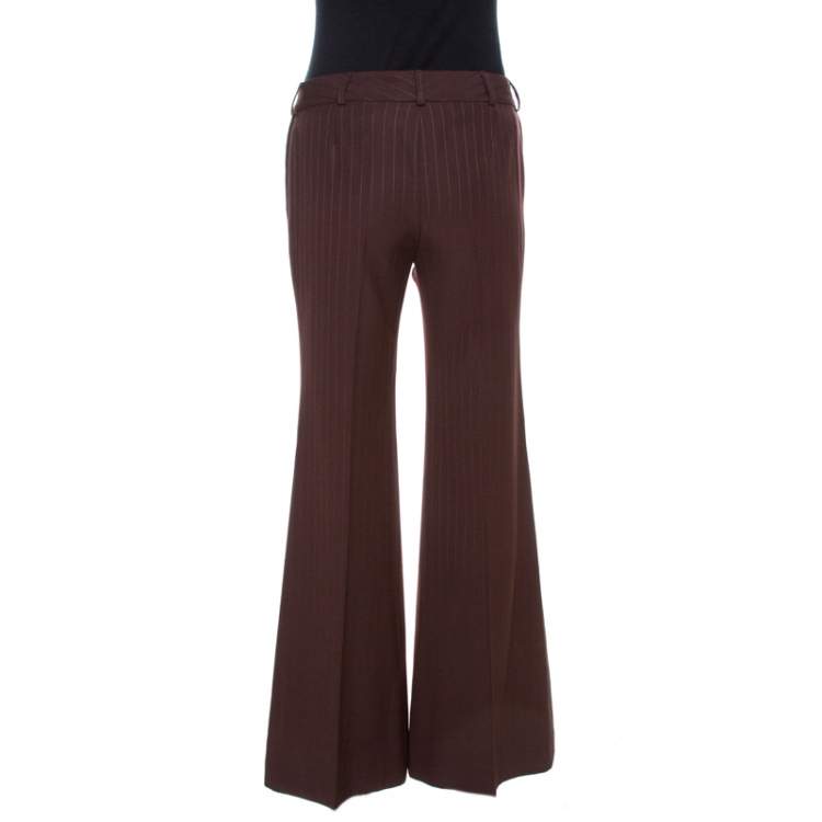 Pre Owned Chloe Brown Striped Wool Wide Leg Trousers S 
