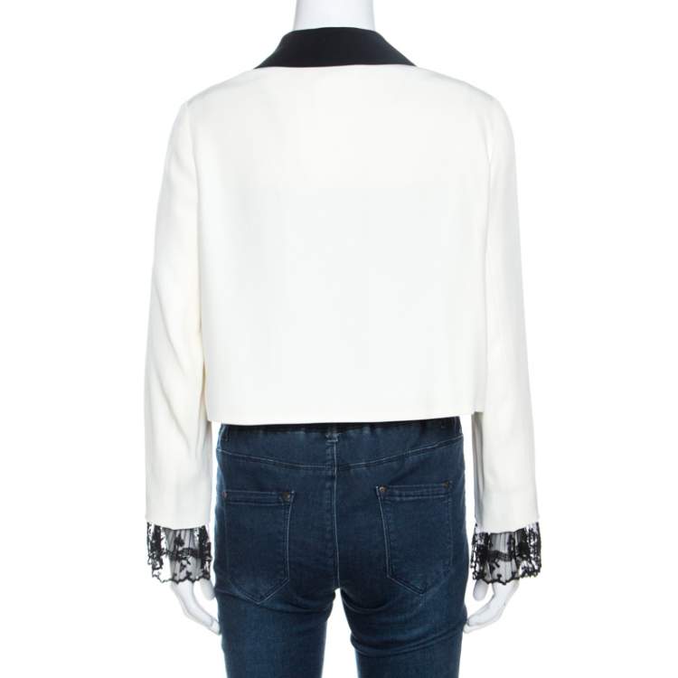 Pre Owned Chloe Off White Crepe Lace Trim Vintage Cropped Blazer M