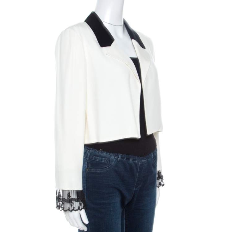 Pre Owned Chloe Off White Crepe Lace Trim Vintage Cropped Blazer M