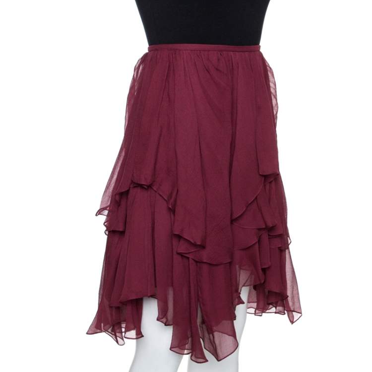 Pre Owned Chloé Burgundy Georgette Silk Asymmetric Layered Mini Skirt M