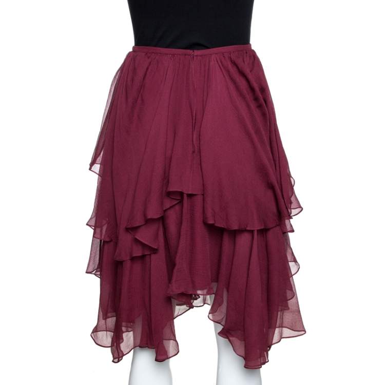 Pre Owned Chloé Burgundy Georgette Silk Asymmetric Layered Mini Skirt M