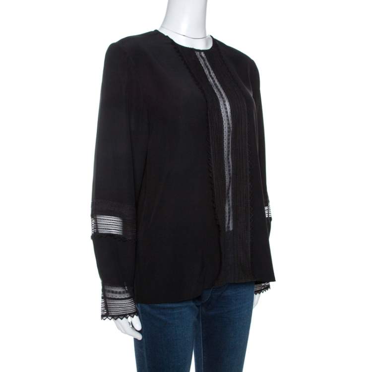 Pre Owned Chloe Black Silk Lace Paneled Long Sleeve Blouse L