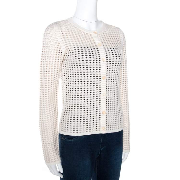 Pre Owned Chloe Naturel Perforated Merino Wool Knit Button Front Cardigan L