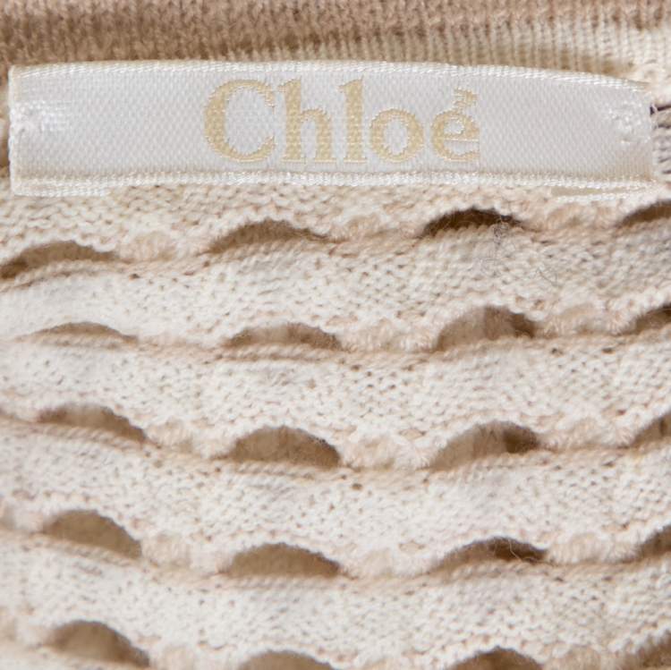 Pre Owned Chloe Naturel Perforated Merino Wool Knit Button Front Cardigan L