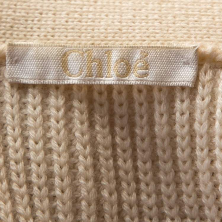 Pre Owned Chloe Naturel Wool Knit Lace Paneled Button Front Cardigan M