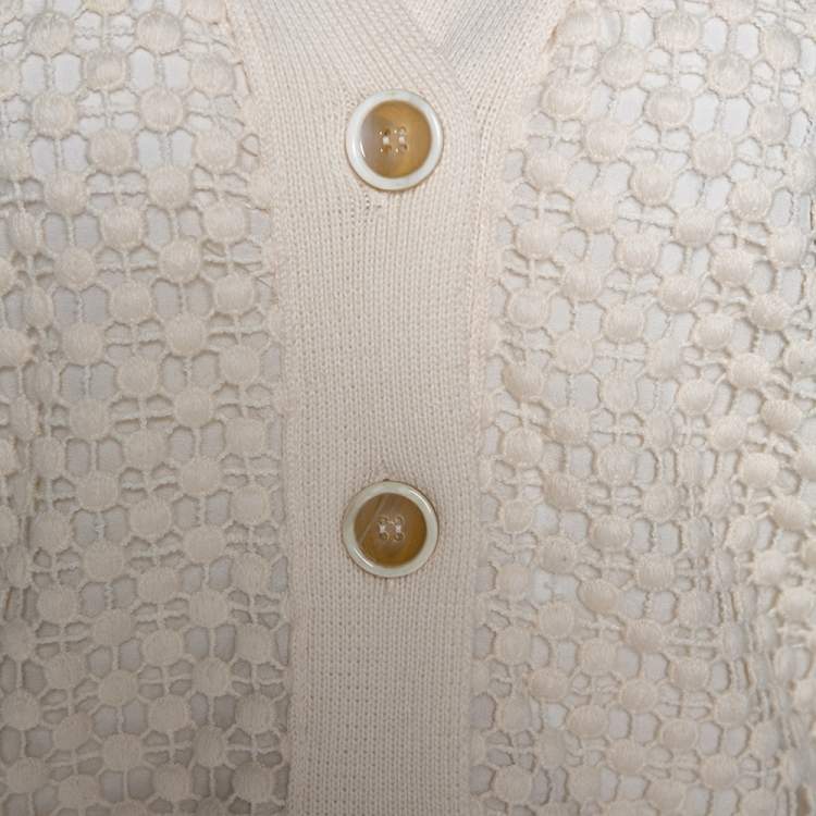 Pre Owned Chloe Naturel Wool Knit Lace Paneled Button Front Cardigan M