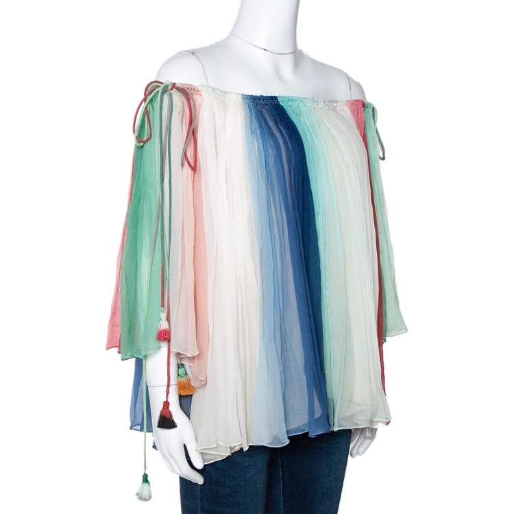 Pre Owned Chloe Multicolor Striped Silk Crepon Off Shoulder Blouse M