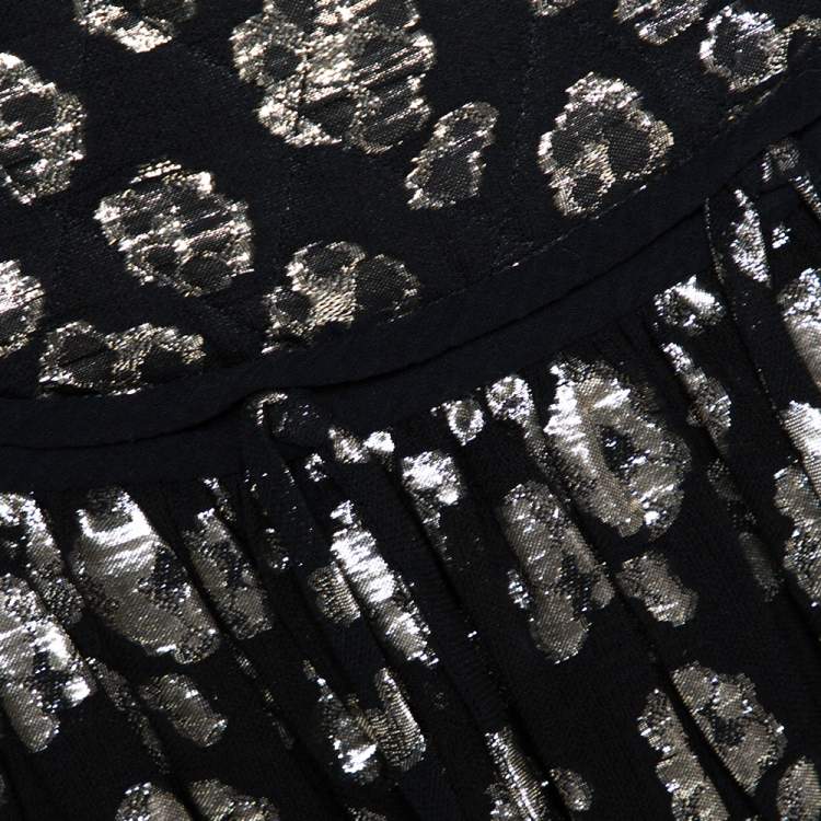 Pre Owned Chloe Black & Gold Metallic Silk Jacquard Pleated Short Skirt M
