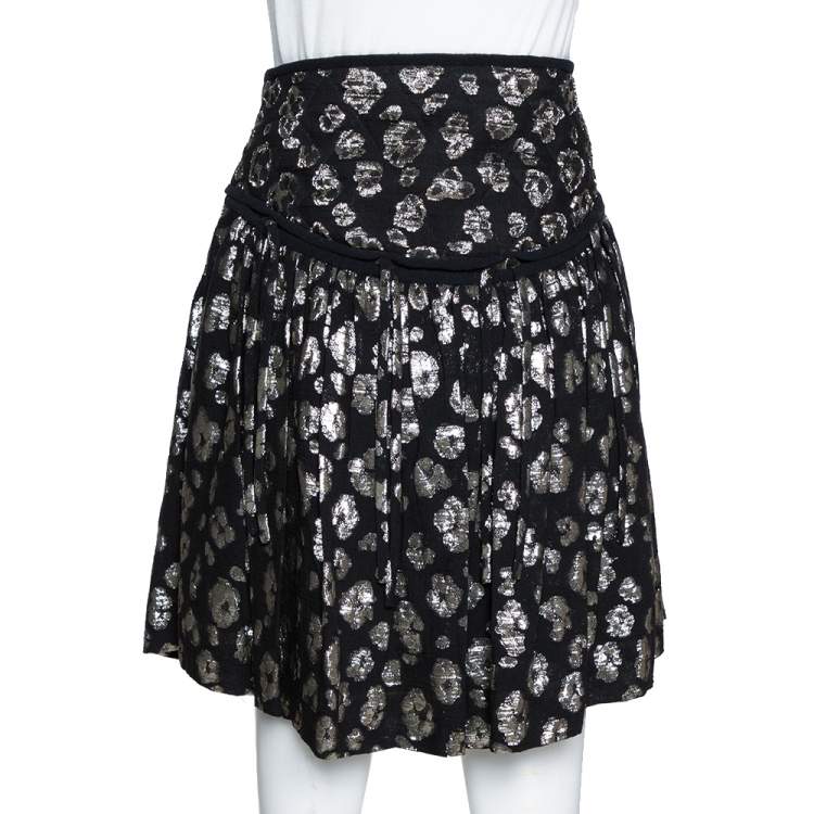 Pre Owned Chloe Black & Gold Metallic Silk Jacquard Pleated Short Skirt M