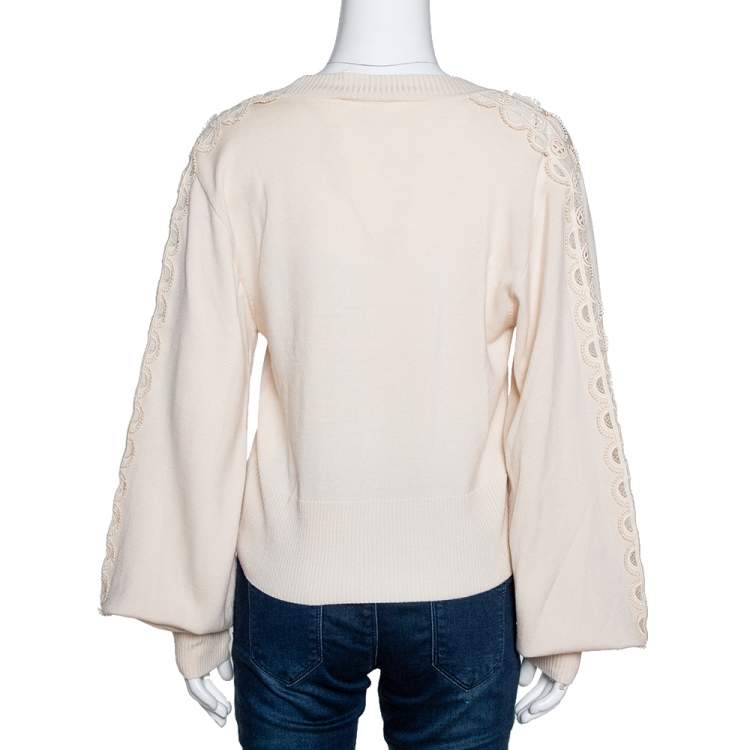 Pre Owned Chloé Pristine Cream Wool Lace Detail Button Front Cardigan L