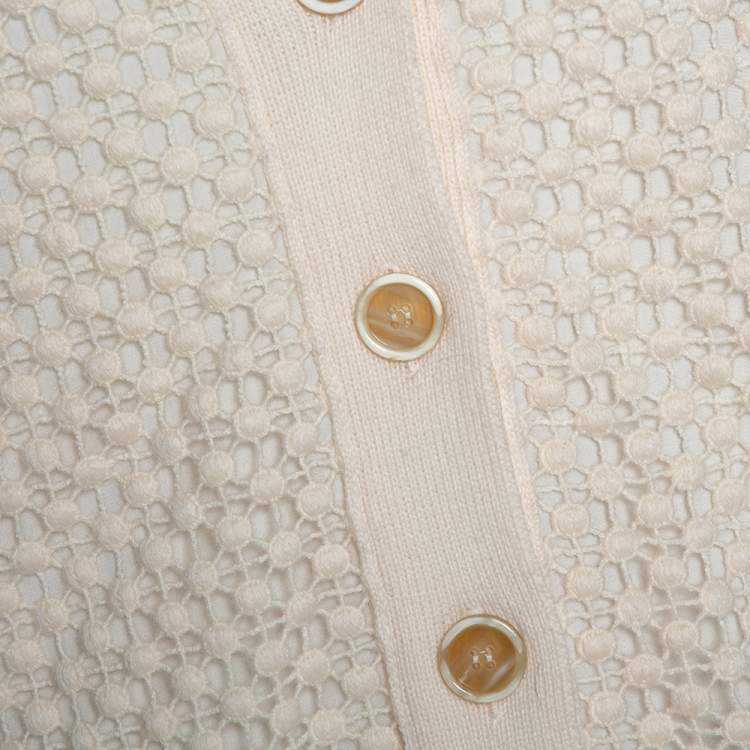 Pre Owned Chloé Natural Cream Wool Lace Overlay Button Front Cardigan L