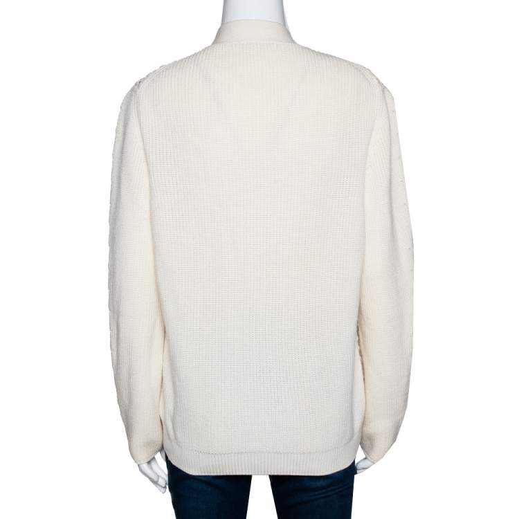 Pre Owned Chloé Natural Cream Wool Lace Overlay Button Front Cardigan L