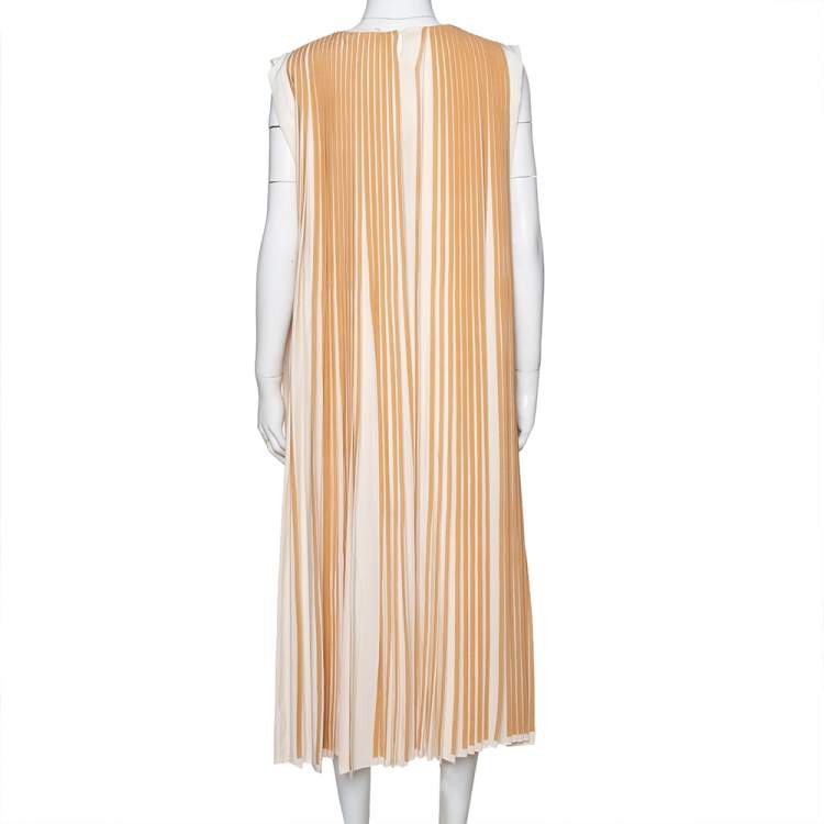 Pre Owned  Chloé Cream Striped & Pleated Silk Sleeveless Flared Dress S