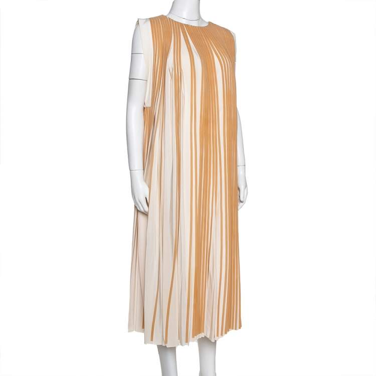 Pre Owned  Chloé Cream Striped & Pleated Silk Sleeveless Flared Dress S