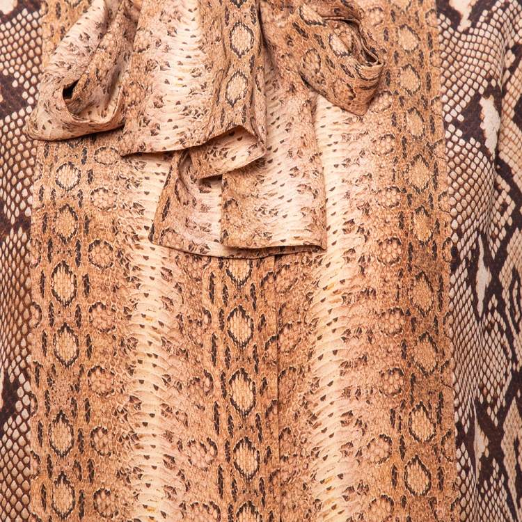 مملوكة مسبقًا Chloe Brown Patchwork Snake Print Silk Tie Neck Blouse M