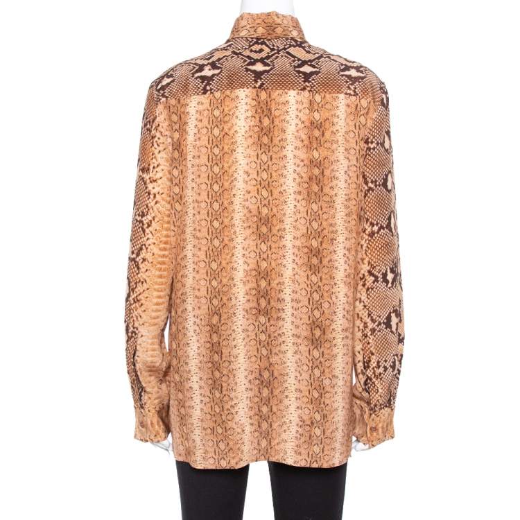مملوكة مسبقًا Chloe Brown Patchwork Snake Print Silk Tie Neck Blouse M