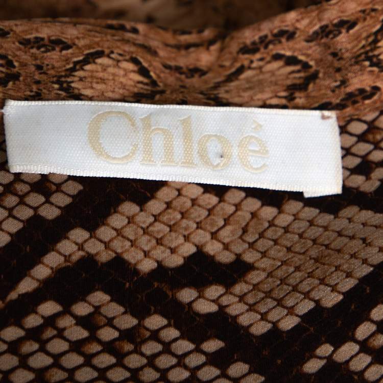 مملوكة مسبقًا Chloe Brown Patchwork Snake Print Silk Tie Neck Blouse M