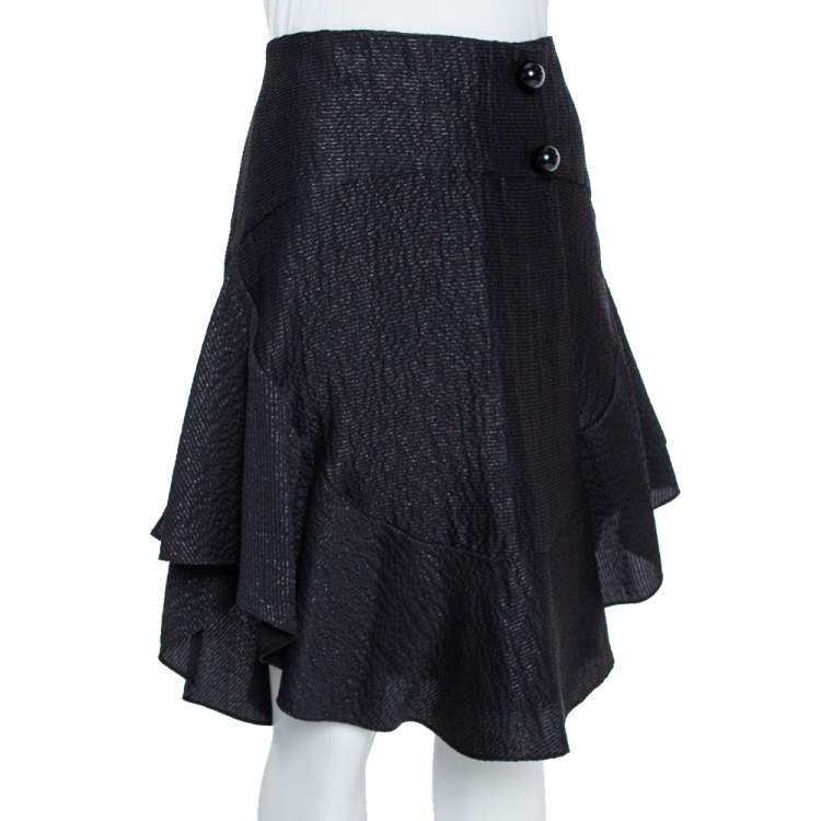 Pre Owned Chloe Black Lurex Seersucker Silk Ruffle Detail Skirt M
