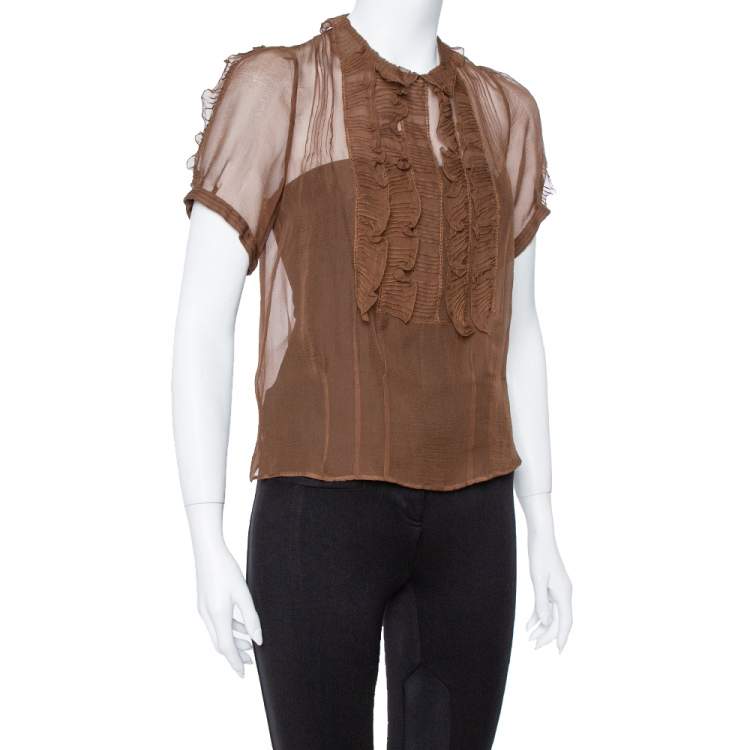 Pre Owned Chloe  Brown Silk Sheer Ruffle Detail Top M