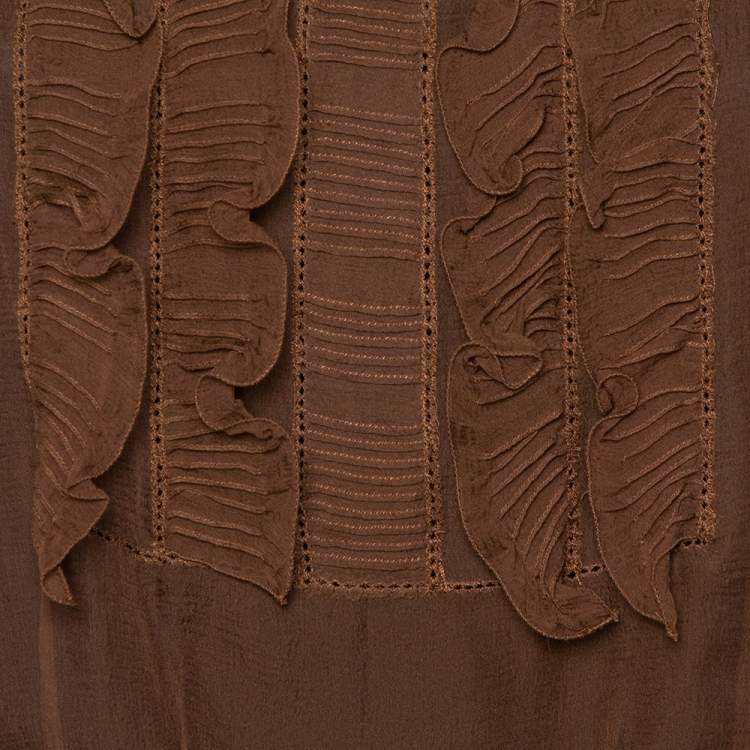 Pre Owned Chloe  Brown Silk Sheer Ruffle Detail Top M