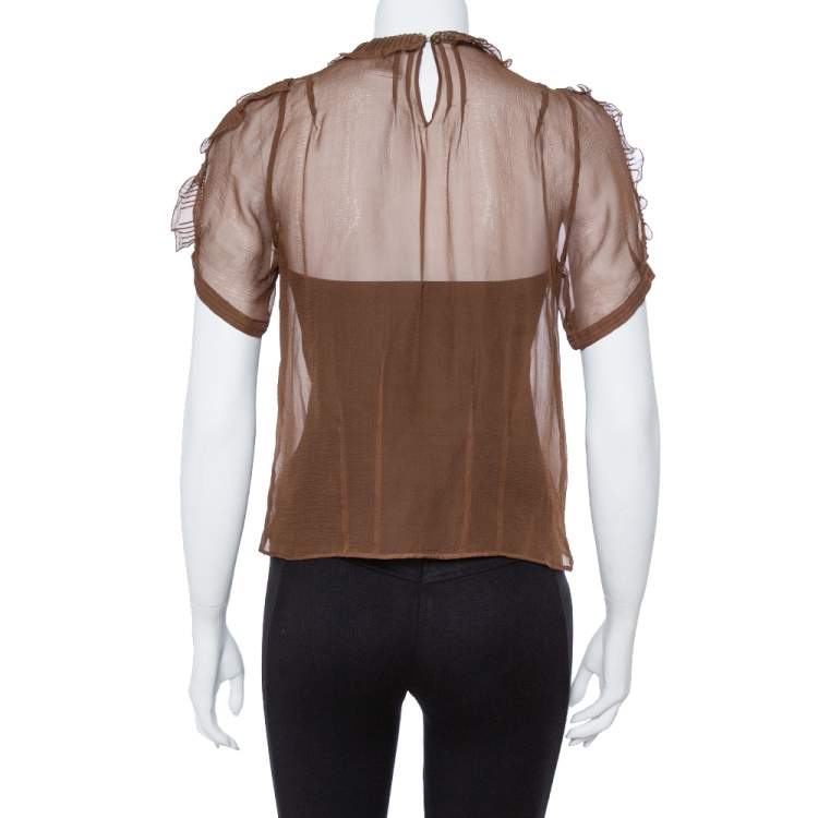 Pre Owned Chloe  Brown Silk Sheer Ruffle Detail Top M