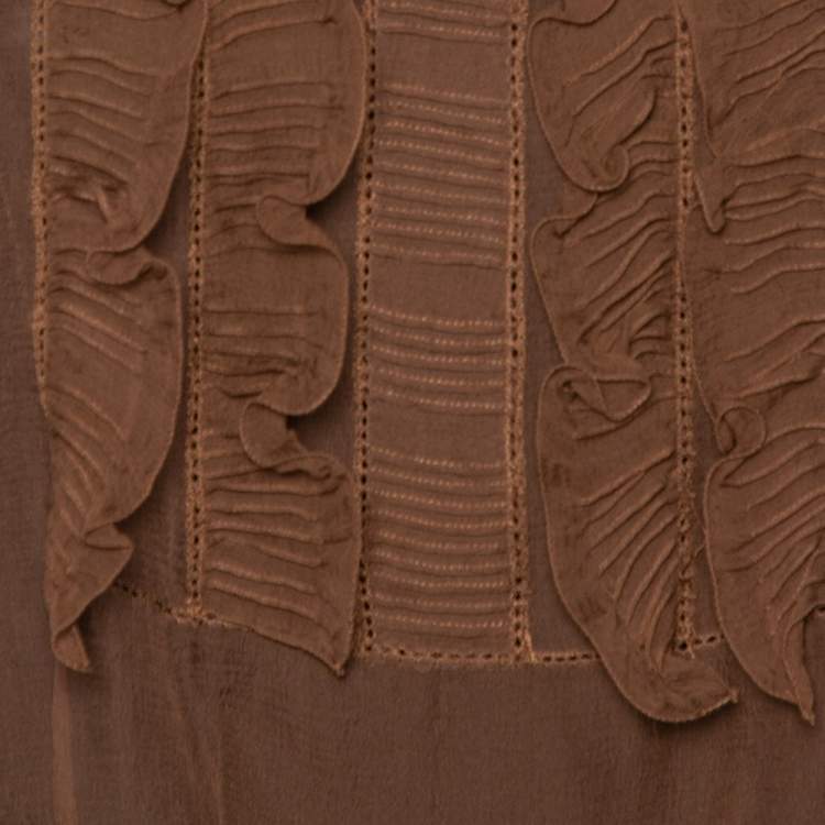 Pre Owned Chloe  Brown Silk Sheer Ruffle Detail Top M