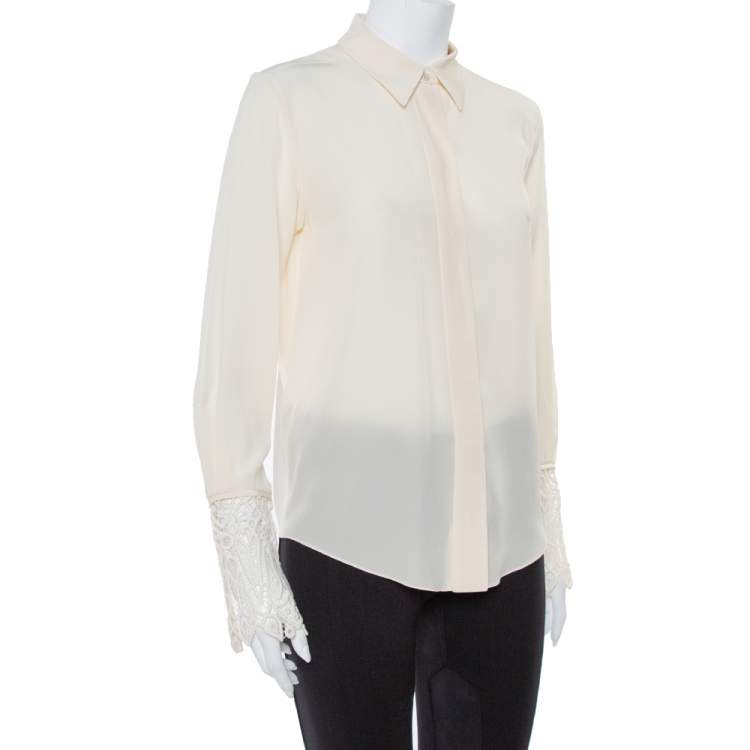 Pre Owned Chloe Cream Silk Crepe & Lace Trim Detail Shirt S
