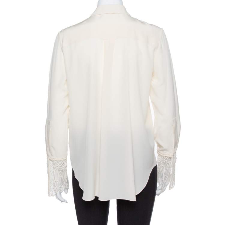 Pre Owned Chloe Cream Silk Crepe & Lace Trim Detail Shirt S