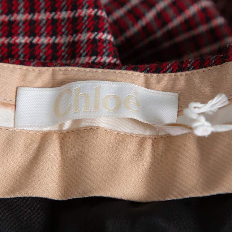Pre Owned Chloe Red & Black Checked Wool Flared Trousers M