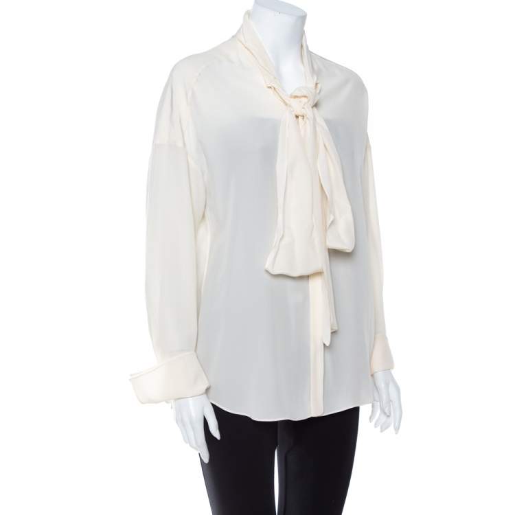 Pre Owned Chloe Cream Crepe De Chine Long Sleeve Tie Detail Buttoned Blouse S