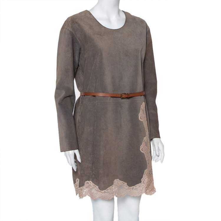 Pre Owned Chloe Grey Suede Lace Trim Detail Belted Dress S