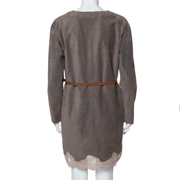 Pre Owned Chloe Grey Suede Lace Trim Detail Belted Dress S