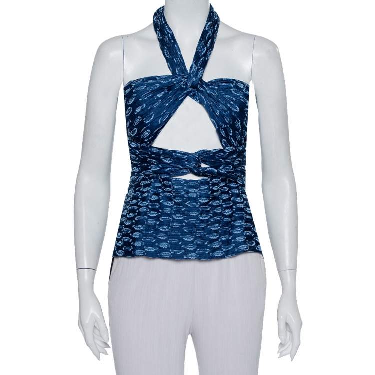 Pre Owned Chloe Cyan Blue Fil Coupe Jacquard Silk Halter Neck Cut Out Detail Top M