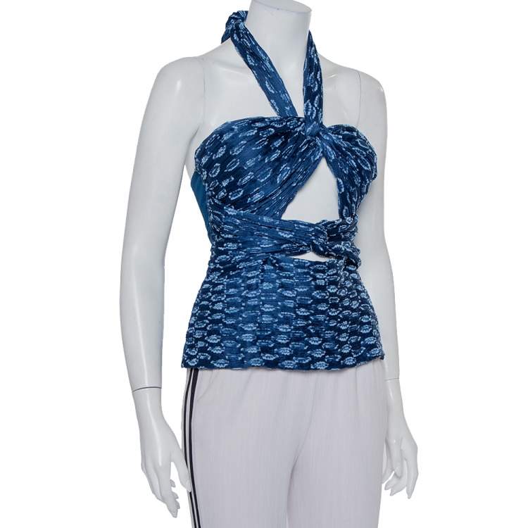 Pre Owned Chloe Cyan Blue Fil Coupe Jacquard Silk Halter Neck Cut Out Detail Top M