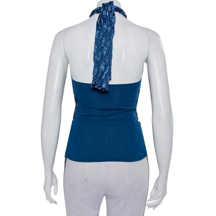 Pre Owned Chloe Cyan Blue Fil Coupe Jacquard Silk Halter Neck Cut Out Detail Top M