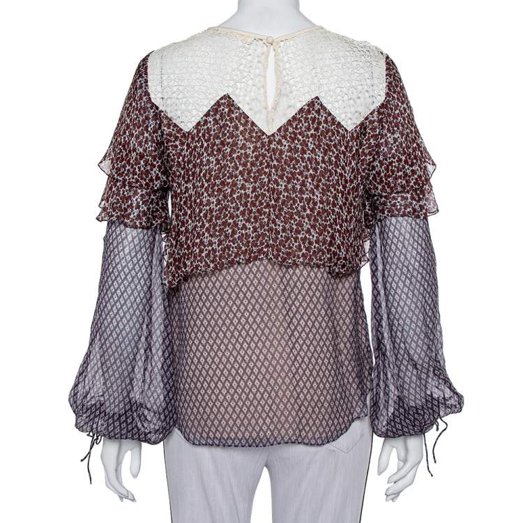 Pre Owned Chloe Multicolor Printed Silk & Lace Top M
