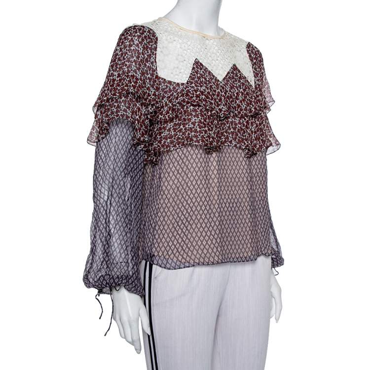 Pre Owned Chloe Multicolor Printed Silk & Lace Top M