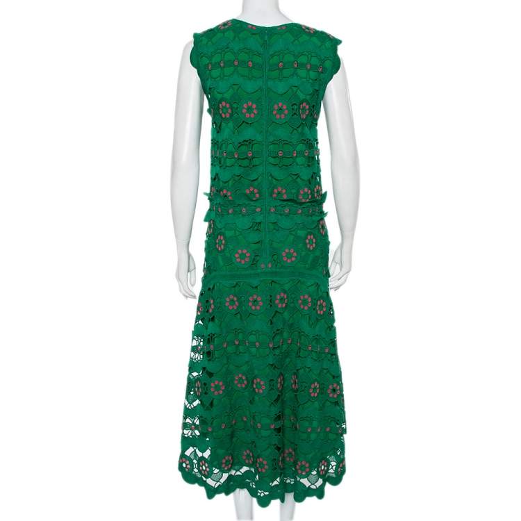Pre Owned Chloe Green Guipure Lace Sleeveless Asymmetric Hem Dress M
