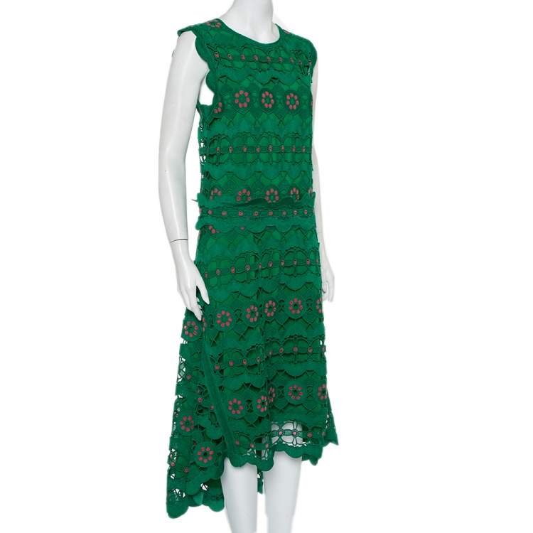 Pre Owned Chloe Green Guipure Lace Sleeveless Asymmetric Hem Dress M