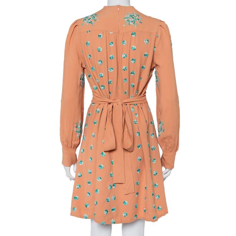 Pre Owned Chloe Peach Embroidered Crepe Waist Tie Detail Shift Dress M