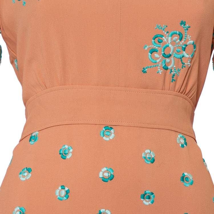 Pre Owned Chloe Peach Embroidered Crepe Waist Tie Detail Shift Dress M