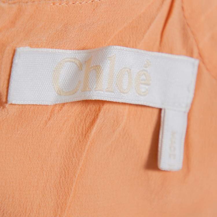 Pre Owned Chloe Peach Embroidered Crepe Waist Tie Detail Shift Dress M