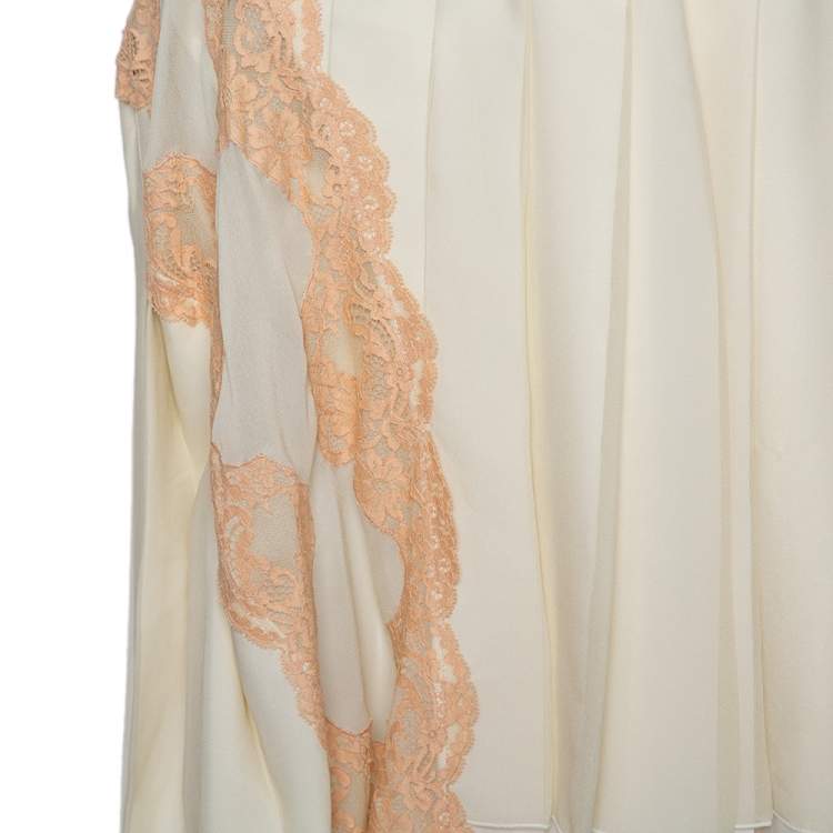 Pre Owned Chloe Cream Silk Chiffon lace trim Asymmetric hem Detail Pleated Midi Skirt M