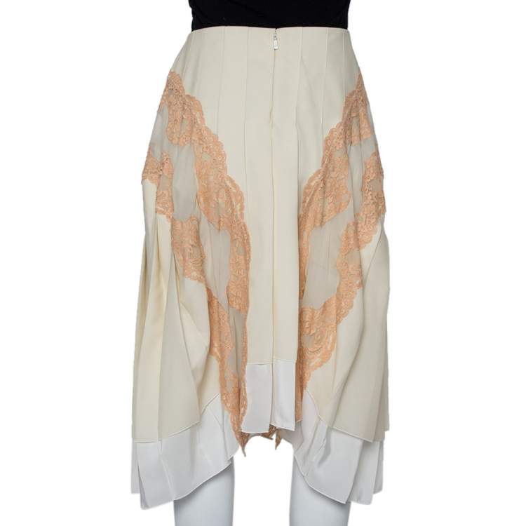 Pre Owned Chloe Cream Silk Chiffon lace trim Asymmetric hem Detail Pleated Midi Skirt M